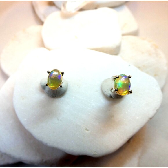 Natural Glowing  Australian Opal Sterling Silver Stud Earrings - Picture 5 of 7